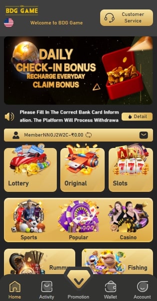 BDG home screen after login